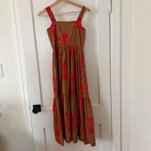 Pink Chicken Sierra Brown Red Floral Tiered Midi Dress Women XS Classic, Smocked